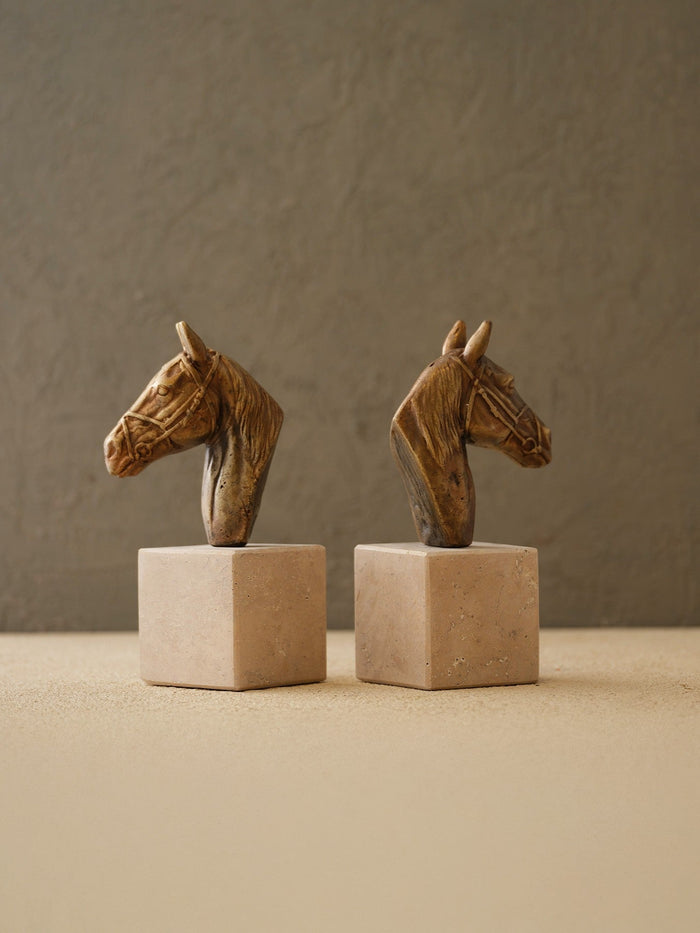 Bronze Horse Head Bookends On Marble Base – Set of 2