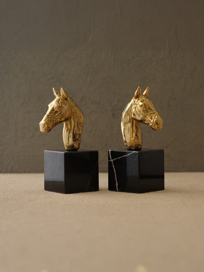 Gold Horse Head Bookends On Black Marble Base – Set of 2