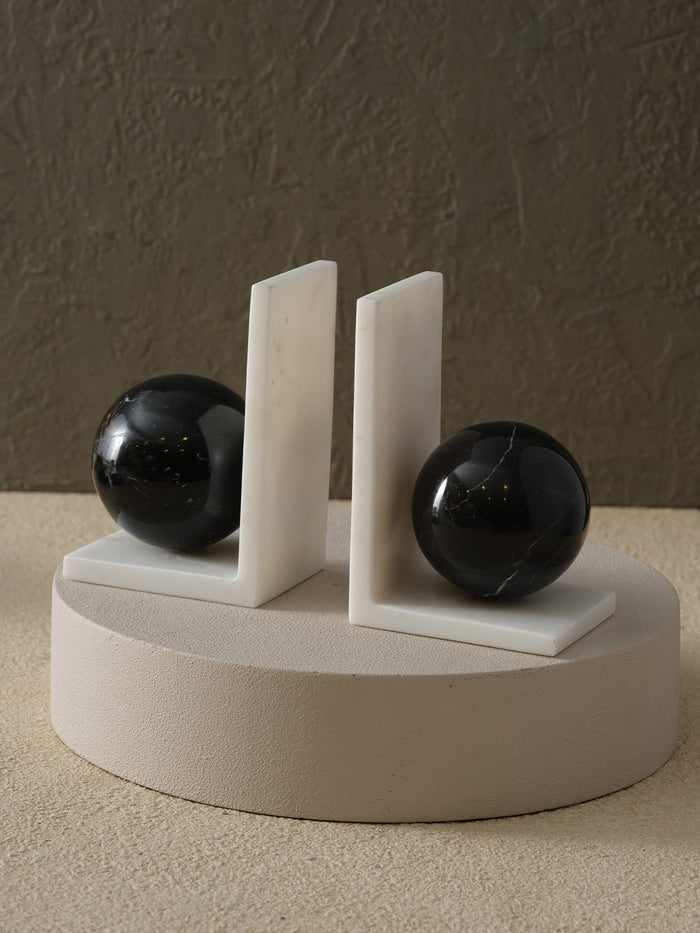 White Marble & Black Sphere Bookends