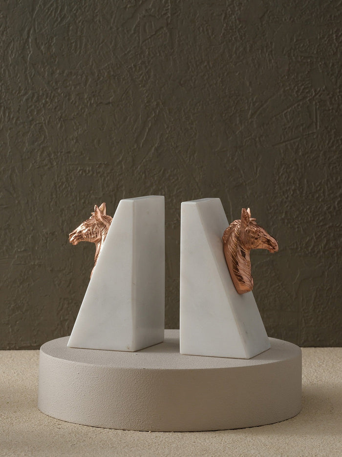 Rose Gold Horse Head Bookends with White Marble Base
