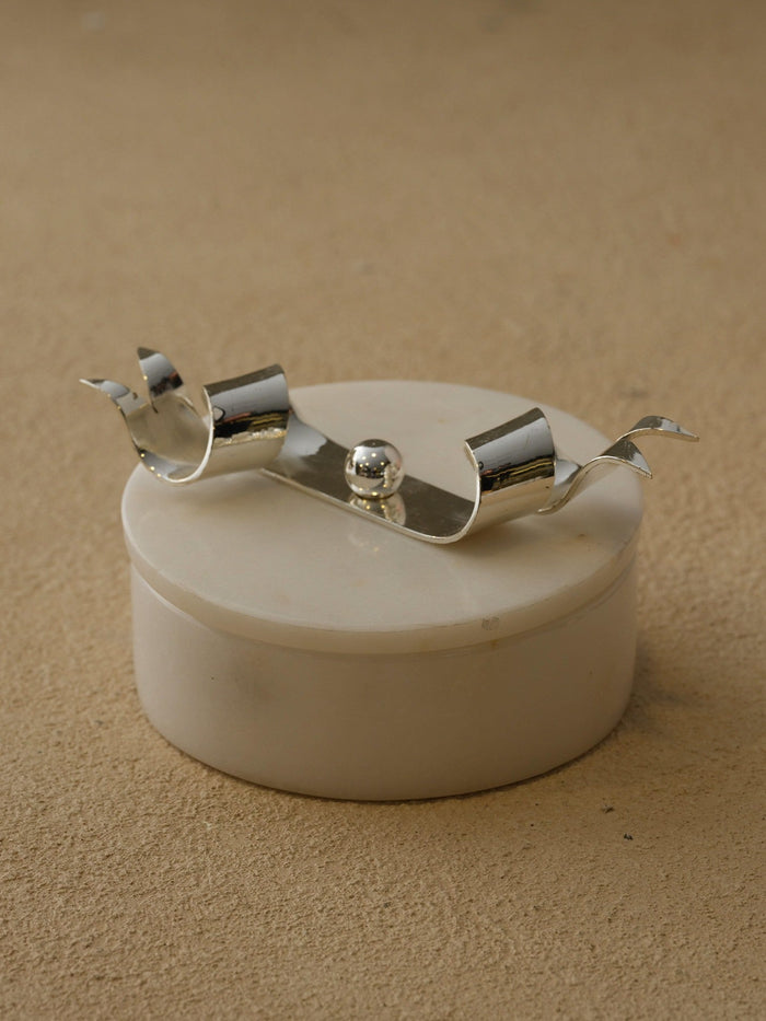 White Marble Box With Sculptural Silver Ribbon Lid