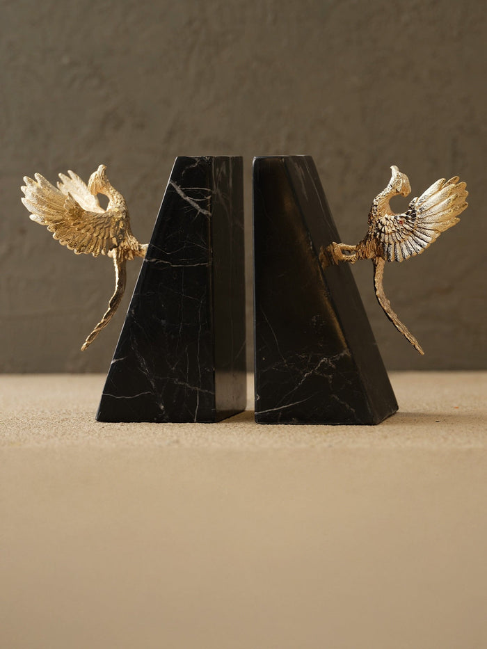 Gold Winged Bird Bookends with Black Marble Base