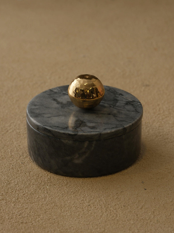 Black Marble Box with Hammered Brass Sphere Handle