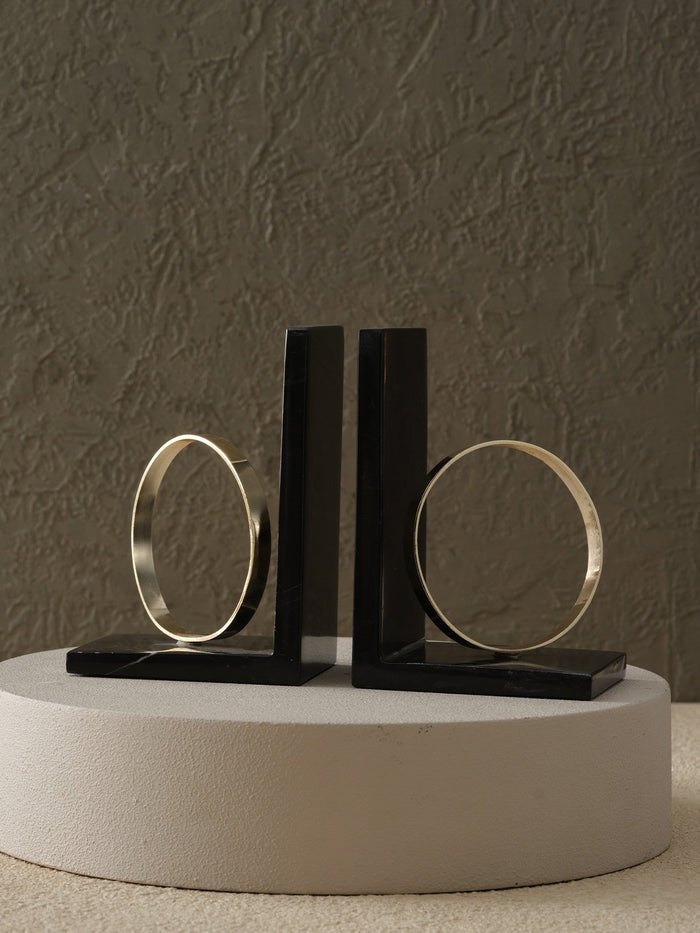 Modern Ring Bookends with Black Marble Base