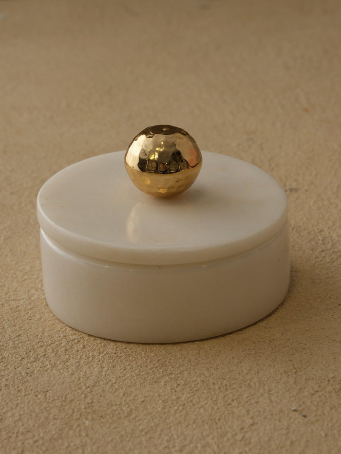 White Marble Box with Hammered Brass Sphere Handle