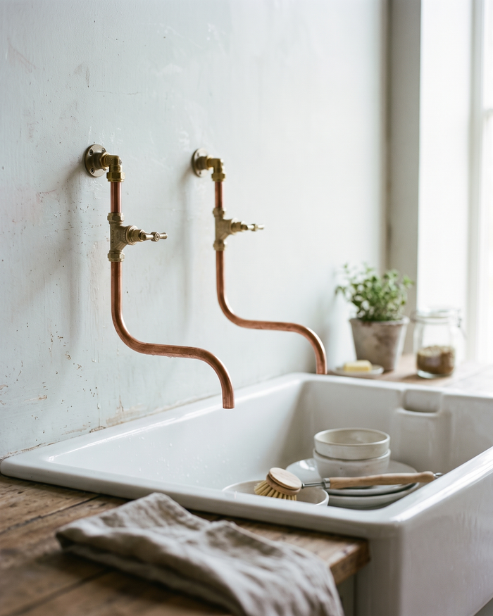 Wall-Mounted Faucet with Curved Spout – 100% Solid Copper with Brass Fittings