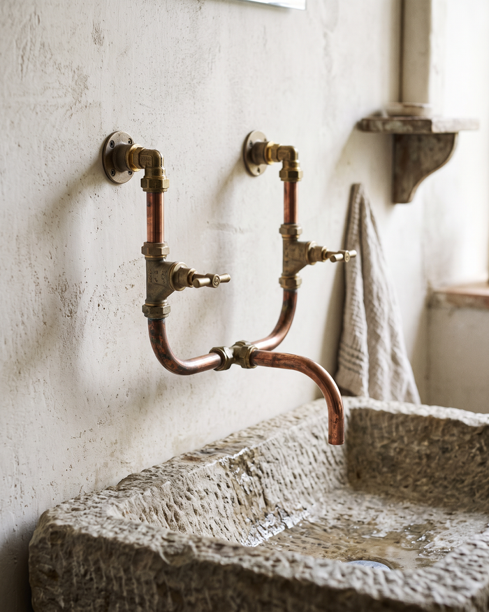 Double Handle Faucet with Central Spout – 100% Solid Copper with Brass Fittings
