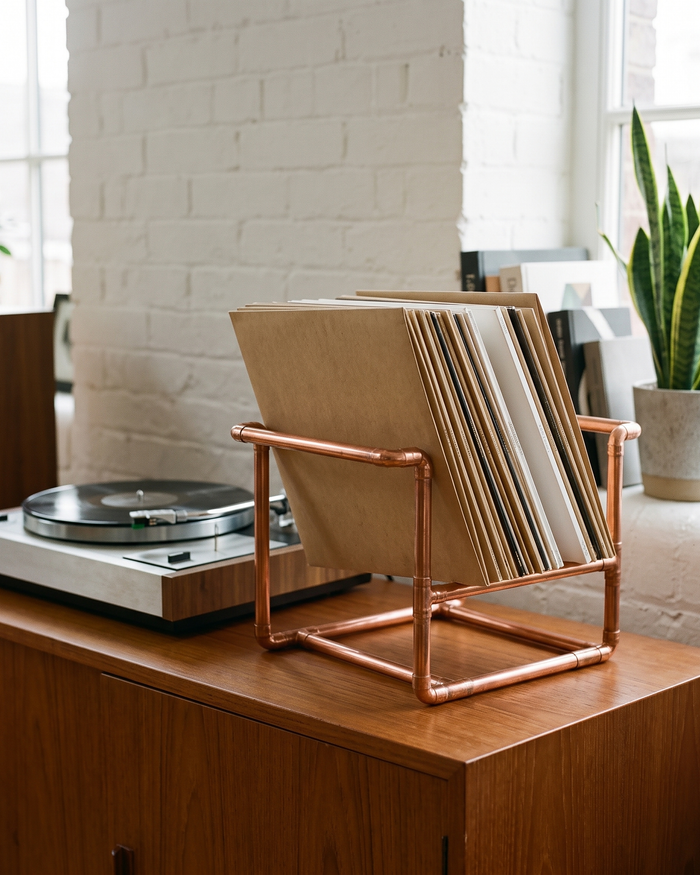 Vinyl Record Holder – 100% Solid Copper, Industrial Open Cube Design