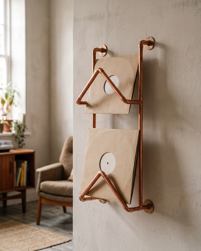 Wall-Mounted Vinyl Record Holder – 100% Solid Copper, Industrial Design