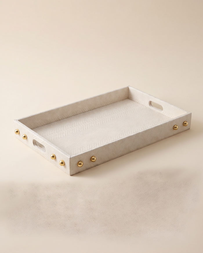 Ivory Textured Rectangular Tray with Golden Stud Accents