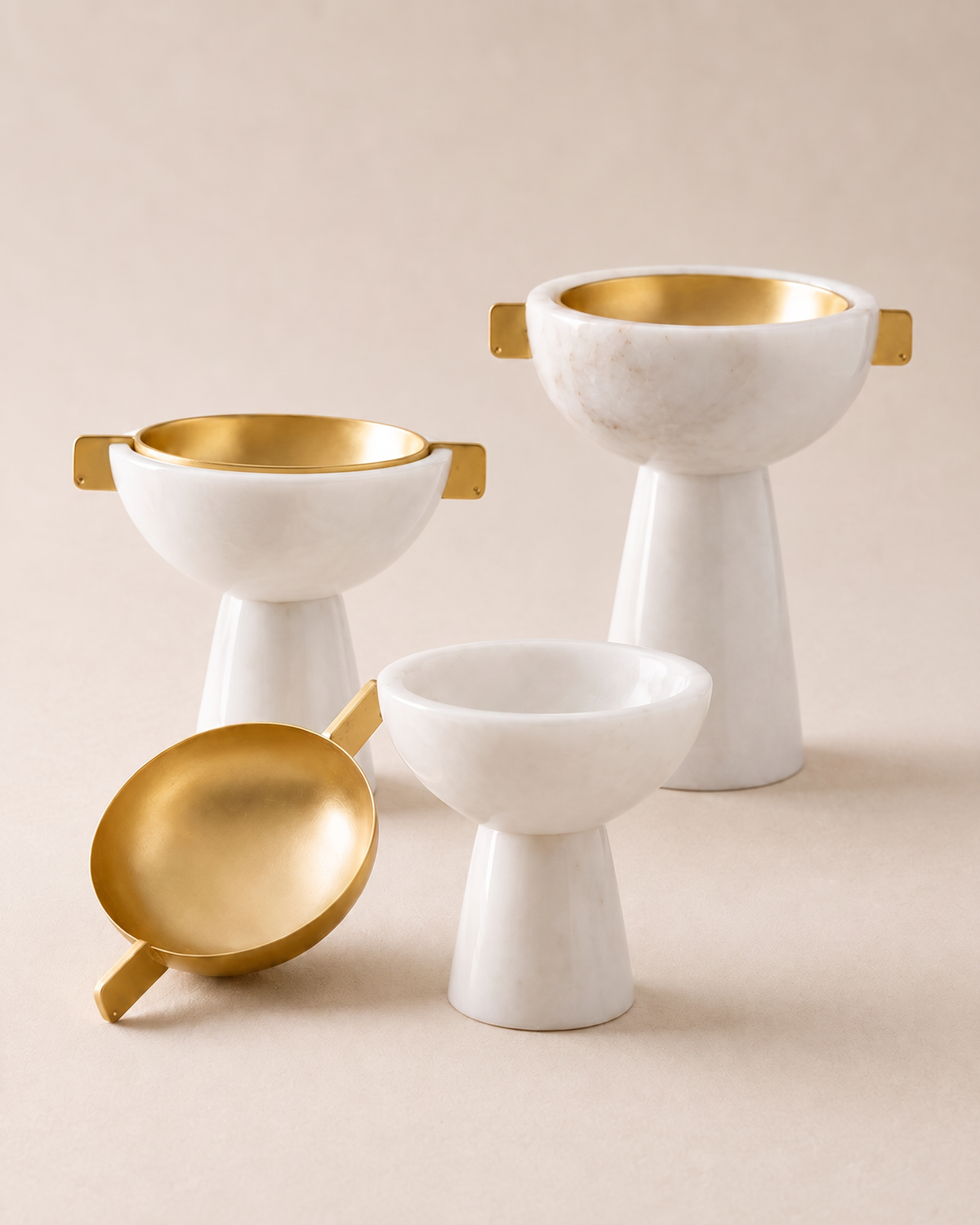 Handled Marble Bowl with Gold Brass Interior – White Marble Decorative Bowl on a pale ivory studio background