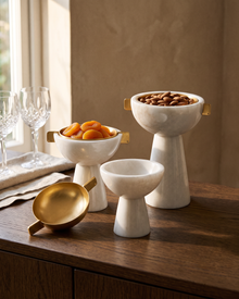 Handled Marble Bowl with Gold Brass Interior – White Marble Decorative Bowl styled in a warm interior setting