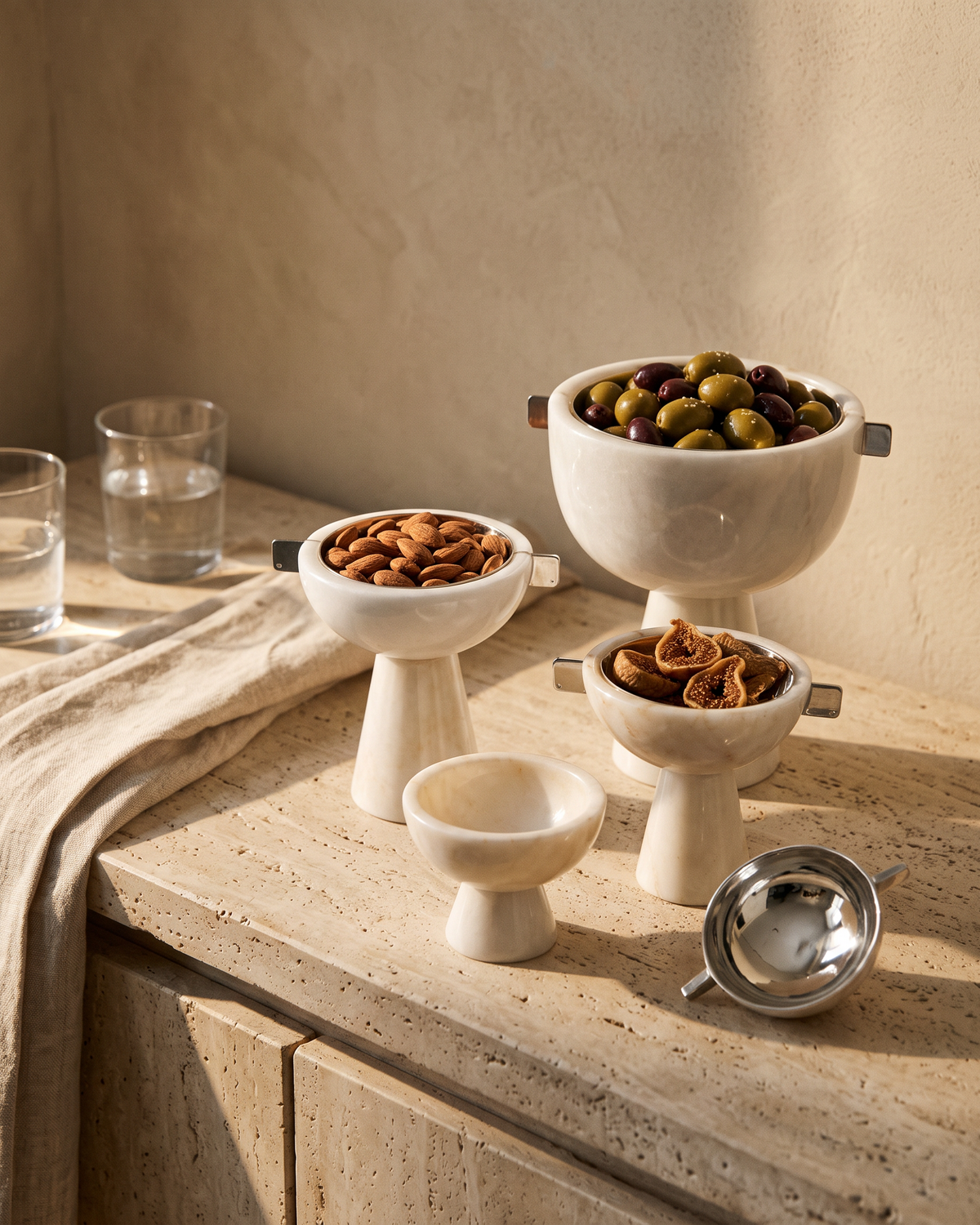 Handled Marble Bowl with Brass Interior – White Marble Decorative Bowl styled in a warm interior setting