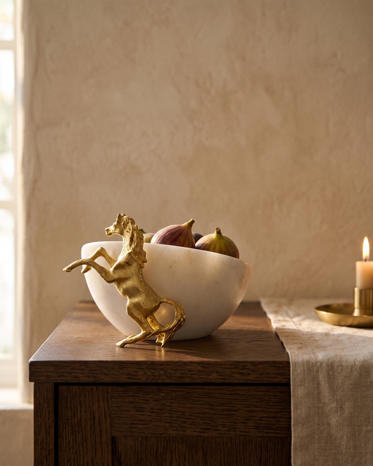 Large Brass Bowl with Horse styled in a warm interior setting