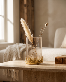 Dory Glass Vase with Gold Brass Base (One Piece) styled in a warm interior