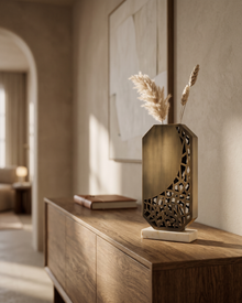 Laser-Cut Bronze Vase (One Piece) styled in a warm interior