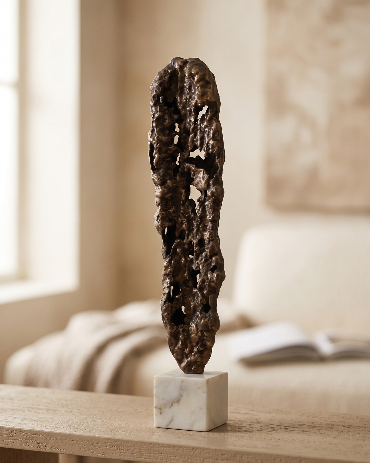 Lead Decorative Object II - styled on a warm beige console in a cosy interior
