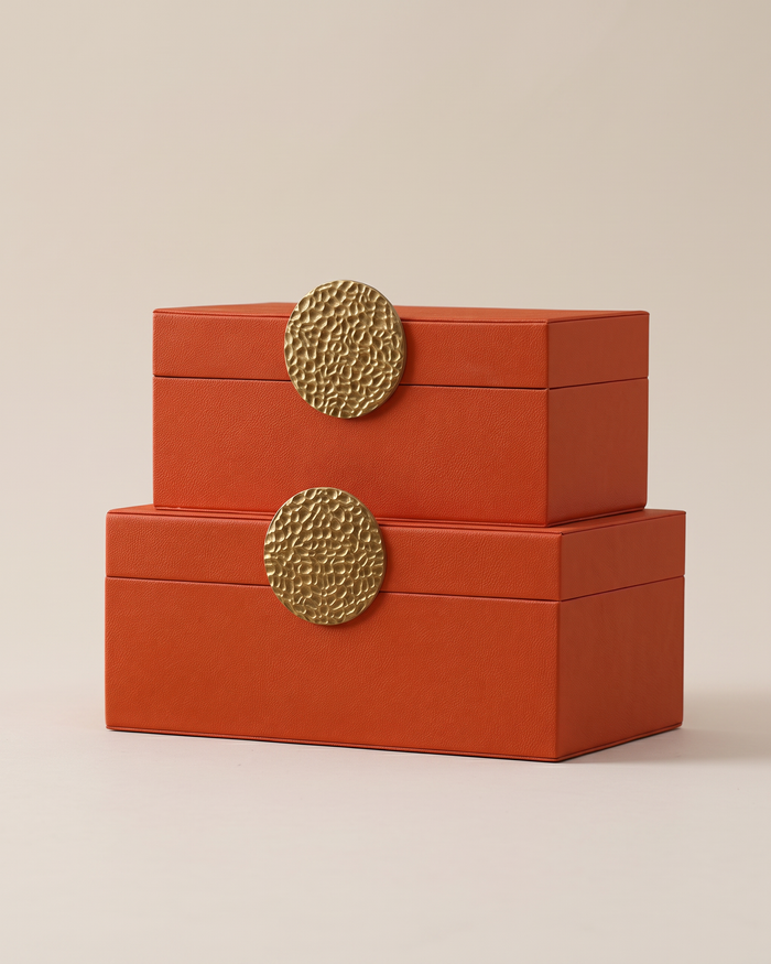 Orange Leather Boxes with Honeycomb Brass Button (Set of 2)