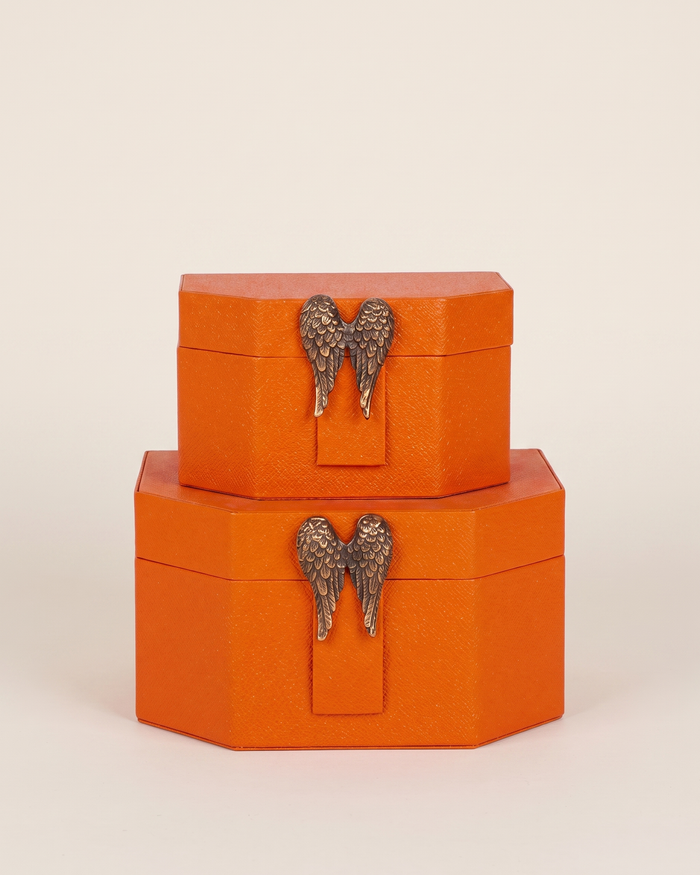 Leather Box with Brass Angel Wing — Orange, Set of 2