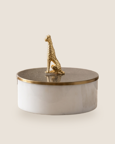 Leopard Accent White Marble Box with Brass Lid