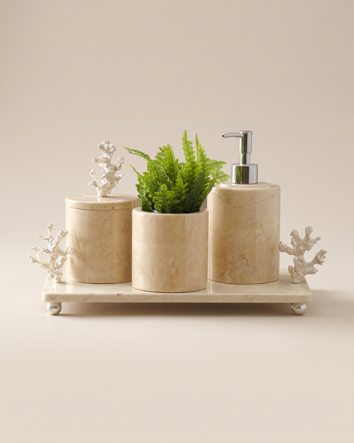 Beige Marble Bathroom Set with Coral Accents (Set of 4)