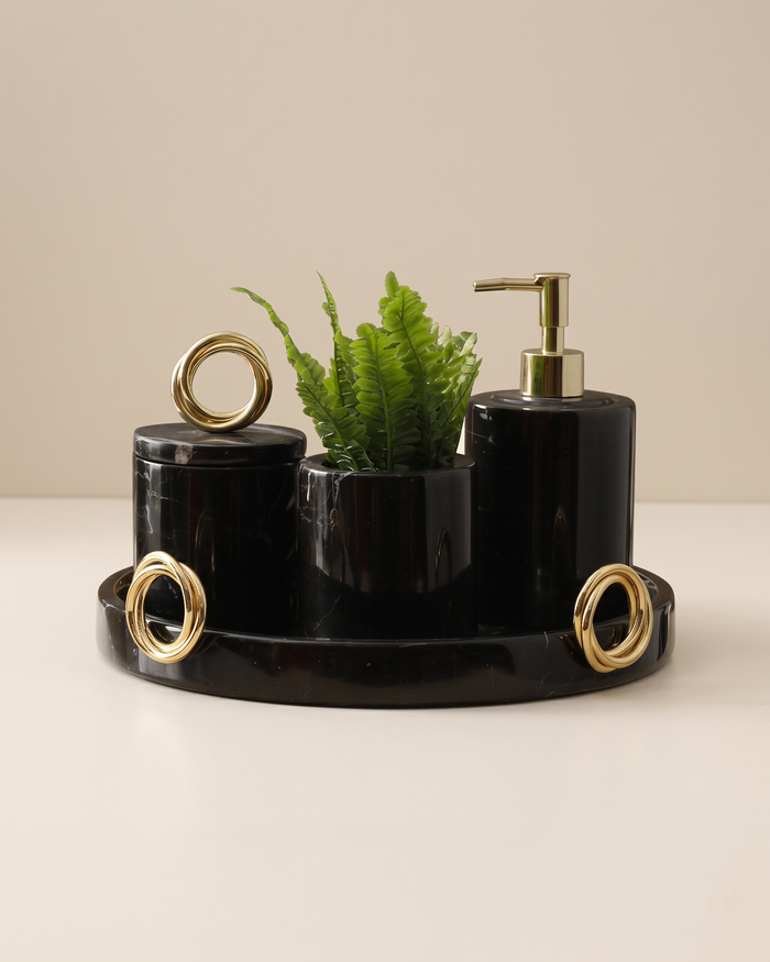 Black Marble Bathroom Set with Gold Rings (Set of 4)