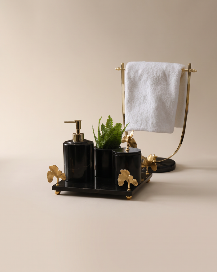 Black Marble Bathroom Set with Towel Holder & Gold Ginkgo (Set of 5)