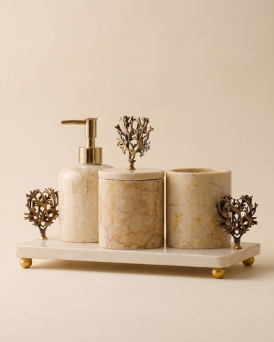 Luxury Marble Bathroom Set & Coral Brass Vanity Accessories (4 Piece)