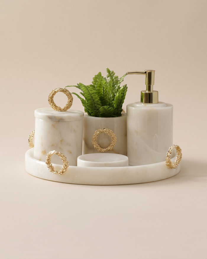 White Marble Bathroom Set with Gold Rings & Round Tray (Set of 4)