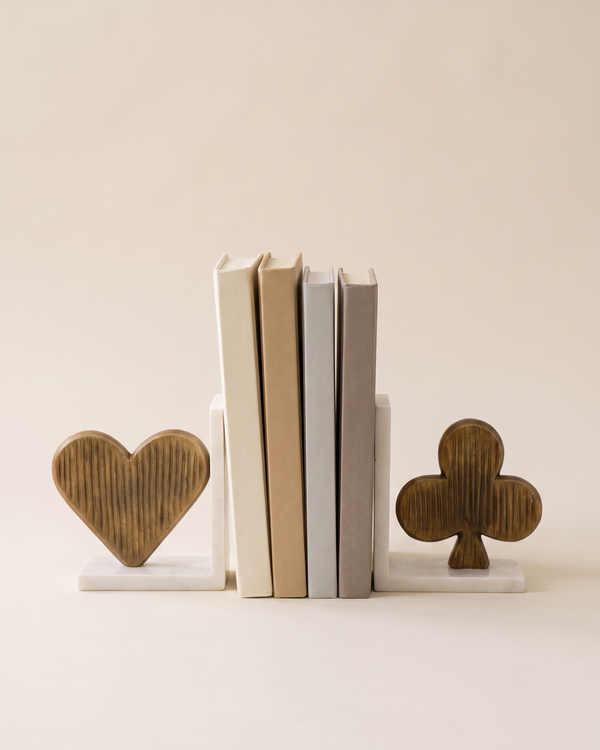 Luxury Spade & Club Bookend Set on Marble Base, Modern Sculptural Shelf Decor