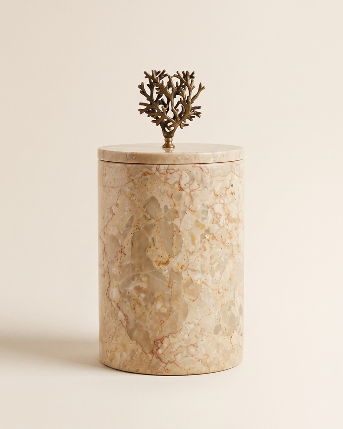 Marble Bathroom Canister with Coral Brass Lid & Luxury Vanity Storage Jar