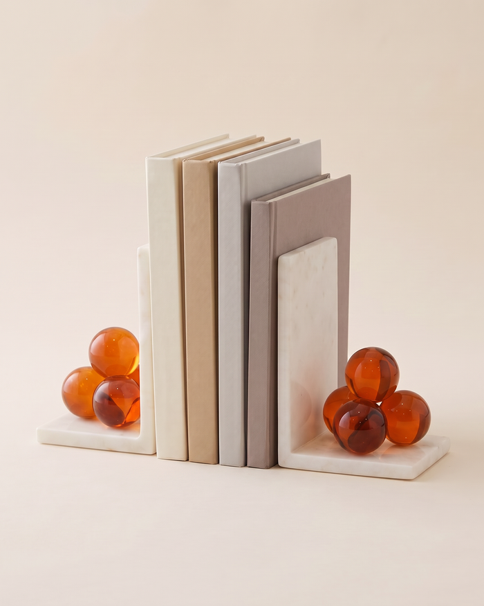 White Marble Bookends with Amber Crystal Spheres (Set of 2)
