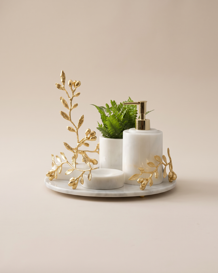 White Marble Bathroom Set with Gold Olive Branch (Set of 4)