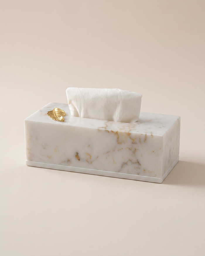 Marble Tissue Box with Brass Leaf Accent