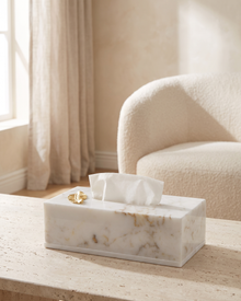 Marble Tissue Box with Brass Leaf Accent - styled on a travertine console in a light interior