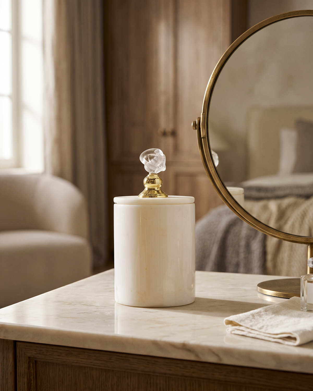 Cream Marble Waste Bin with Crystal Lid (One Piece) styled in a warm interior