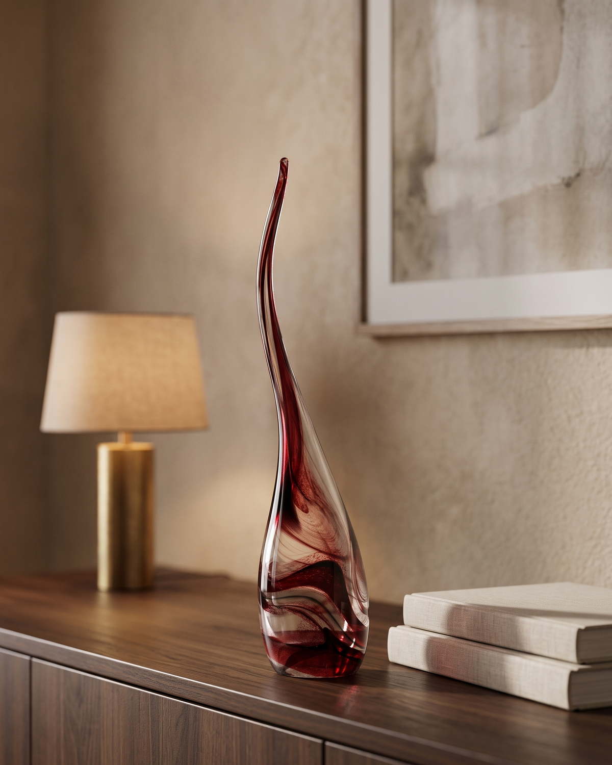 Marbled Tusk Glass Sculpture, Crimson — styled interior scene, Bels & Pearl