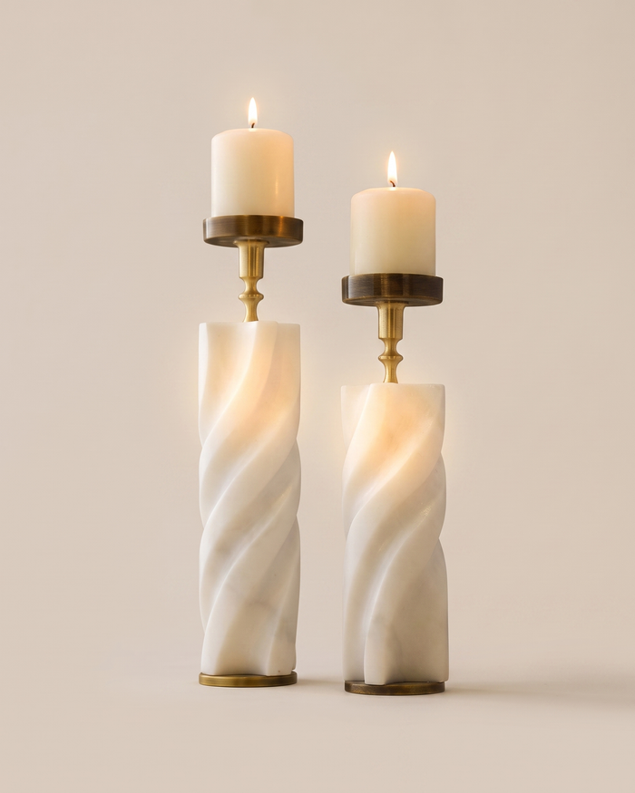 Twisted Marble Candle Holder – White Marble & Brass Sculptural Design Set of 2