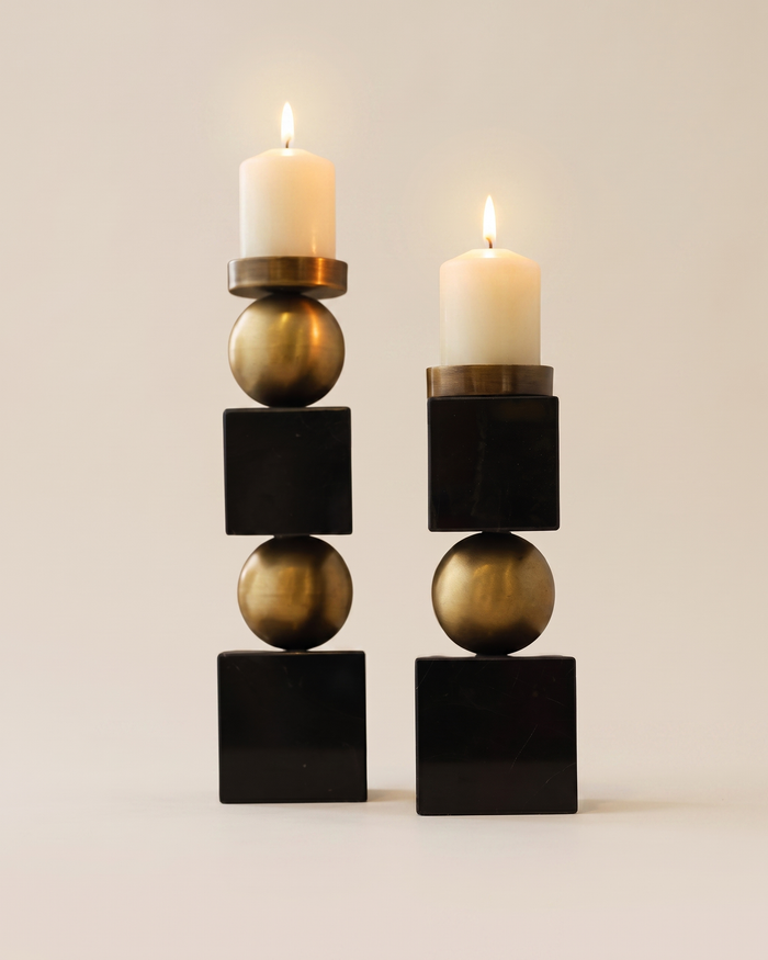 Geometric Marble & Brass Candle Holder – Black Marble Sculptural Design
