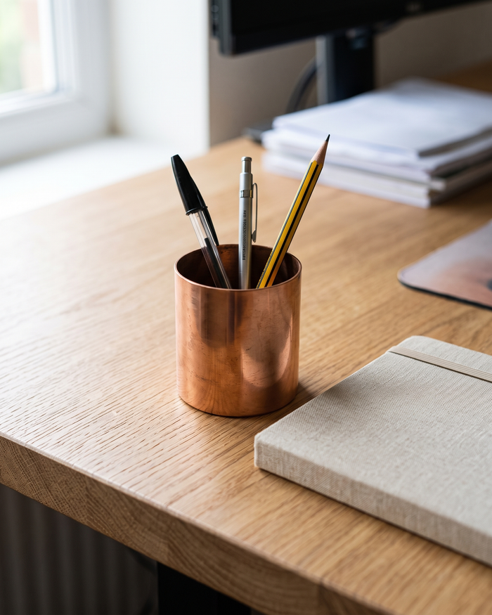 Desk Tidy & Pen Holder – 100% Solid Copper, Minimalist Polished Finish