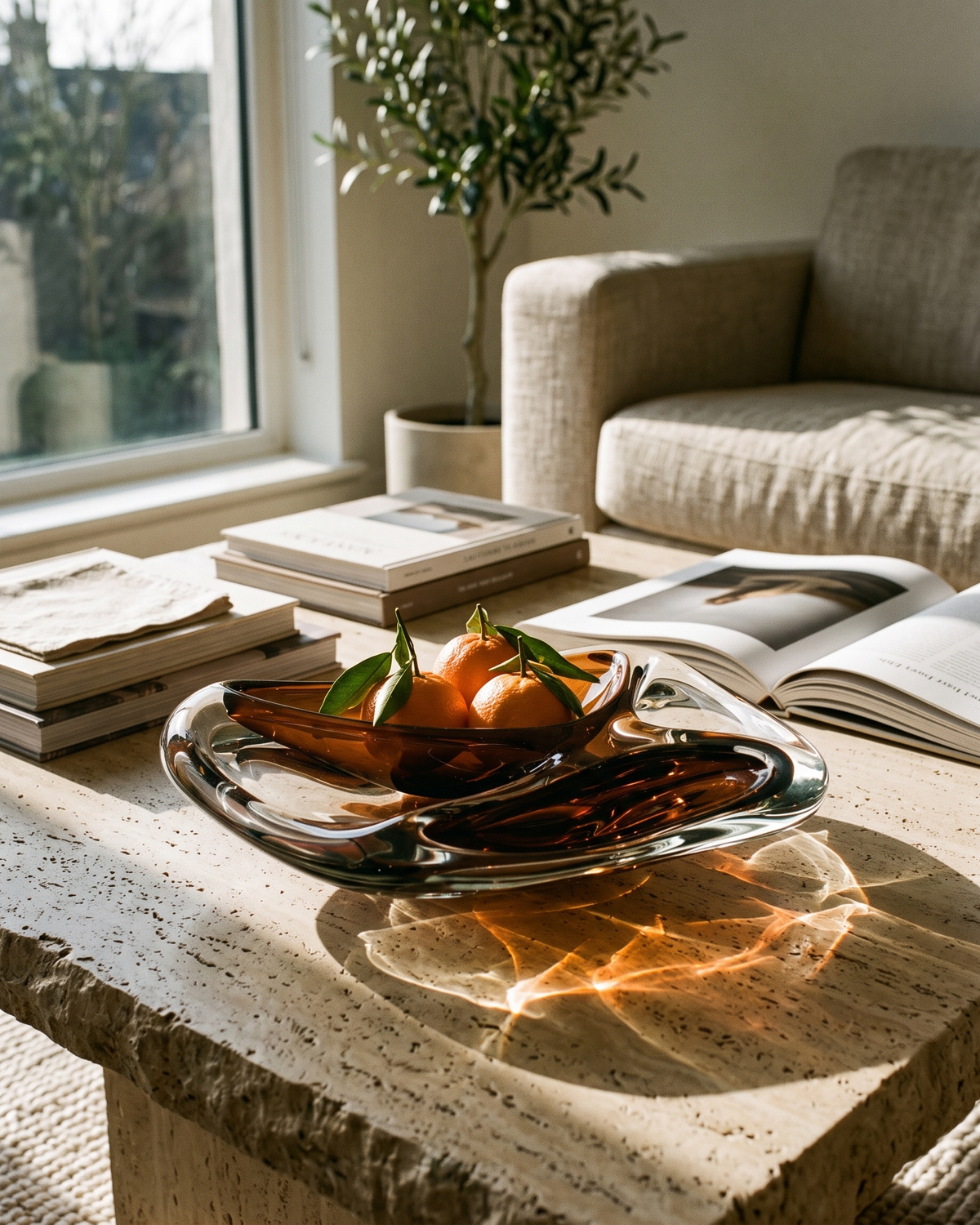 Murano Four-Section Glass Bowl X styled in a warm interior setting
