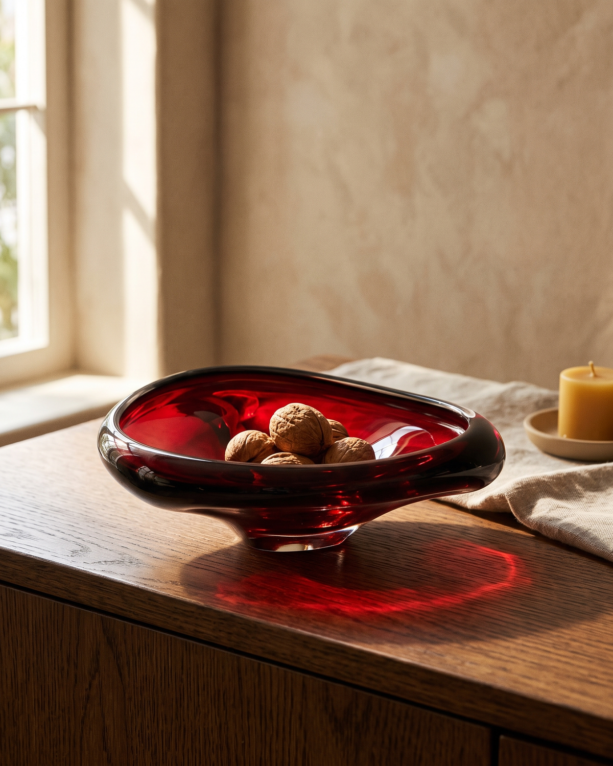 Murano Piston Glass Bowl I — Large styled in a warm interior setting