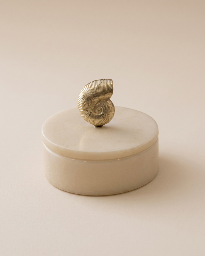 Nautilus Marble Box with Brass Shell Lid – Sculptural Marble Storage Box for Vanity