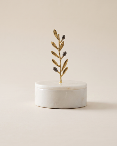 Olive Branch Box in White Marble & Brass