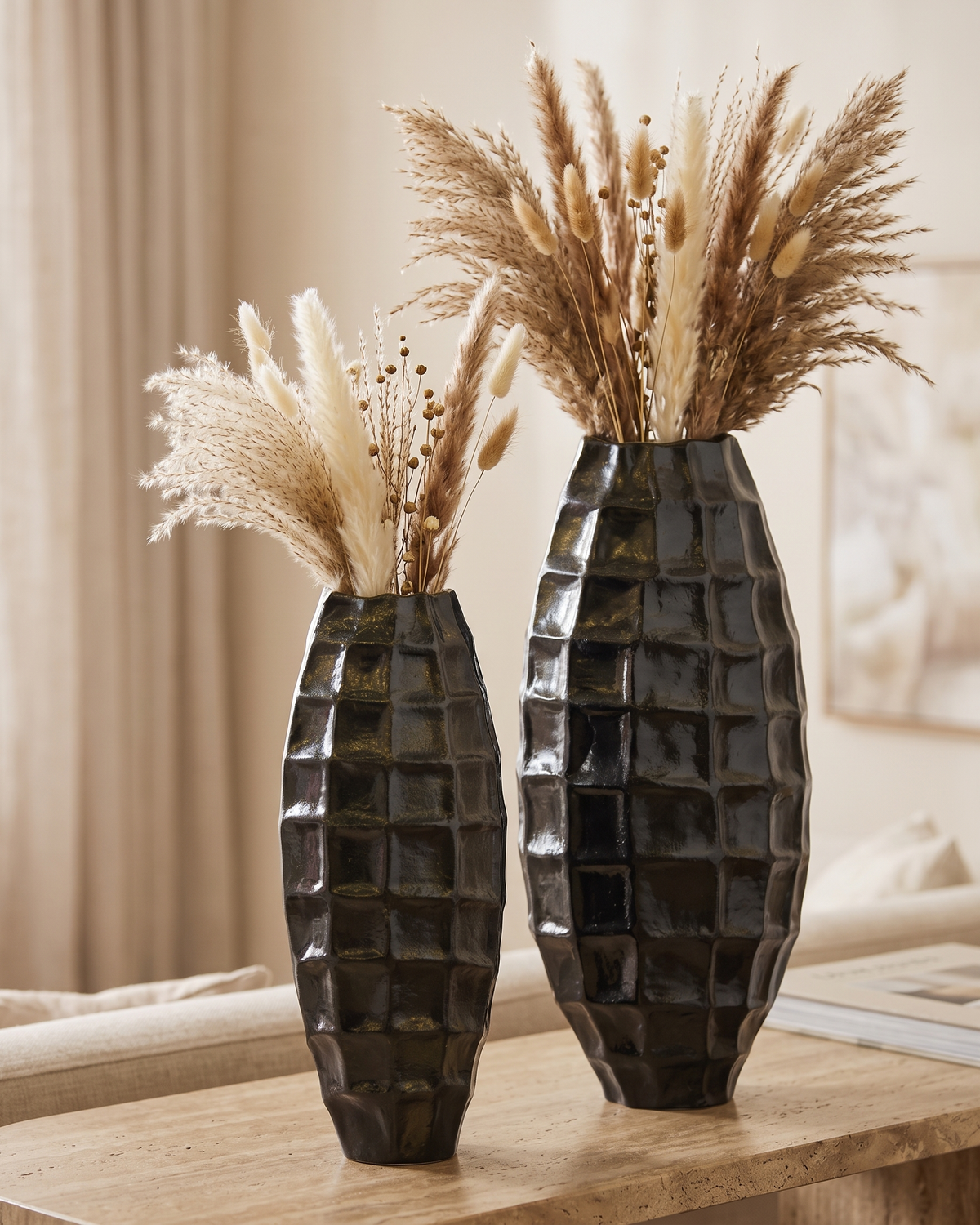Origami Vase II Medium - styled with dried pampas stems on a warm beige console in a cosy interior