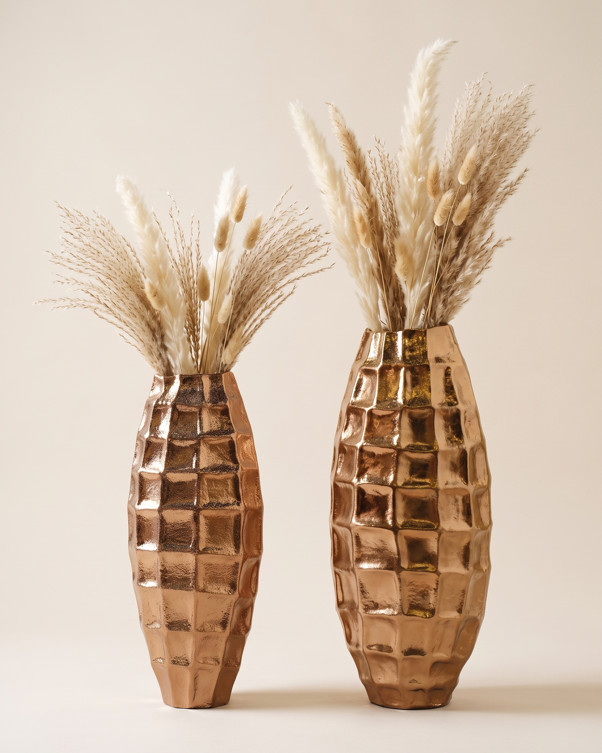 Origami Vase III Medium - styled with dried pampas stems, ivory studio background