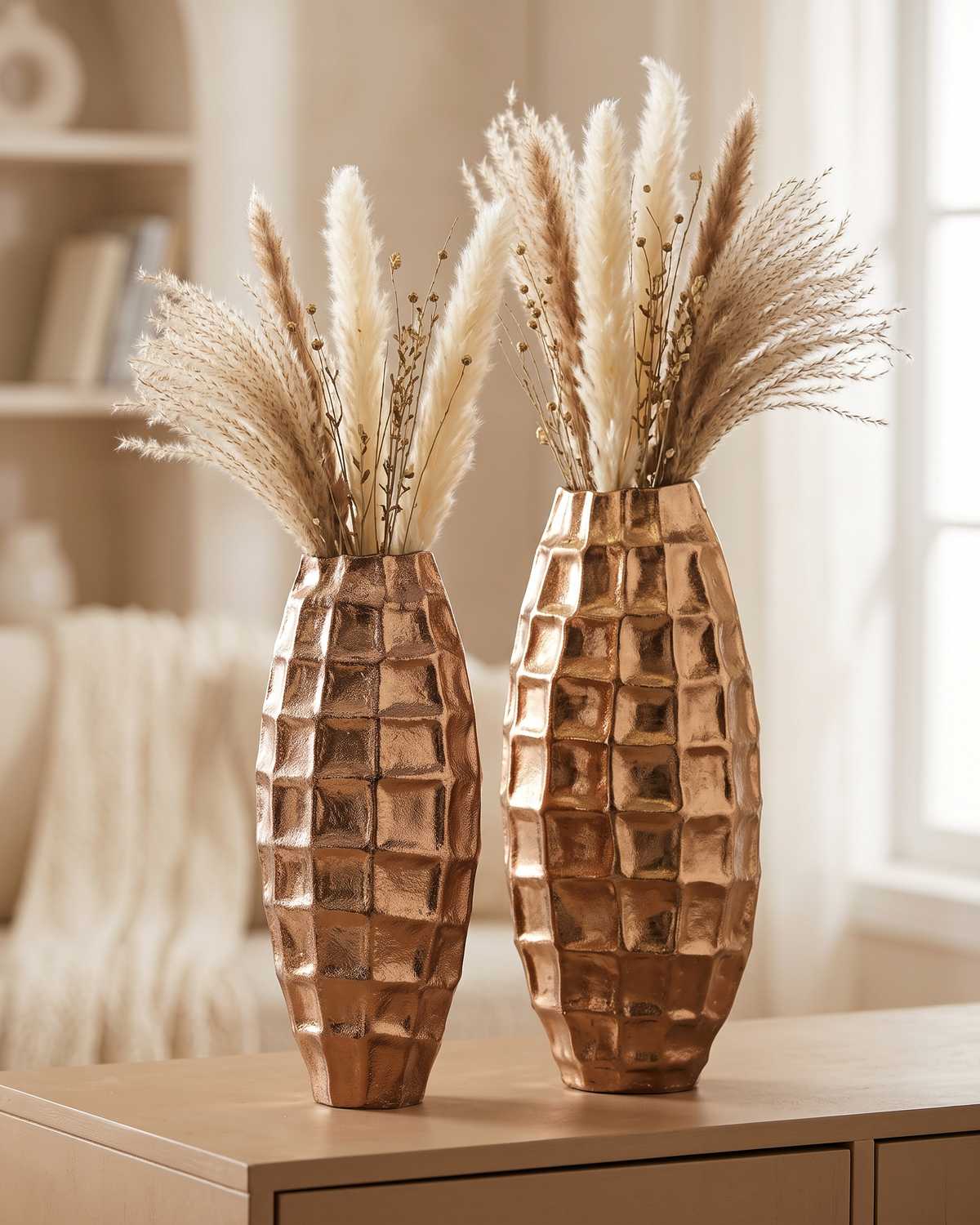 Origami Vase III Medium - styled with dried pampas stems on a warm beige console in a cosy interior