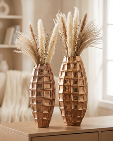 Origami Vase III Medium - styled with dried pampas stems on a warm beige console in a cosy interior