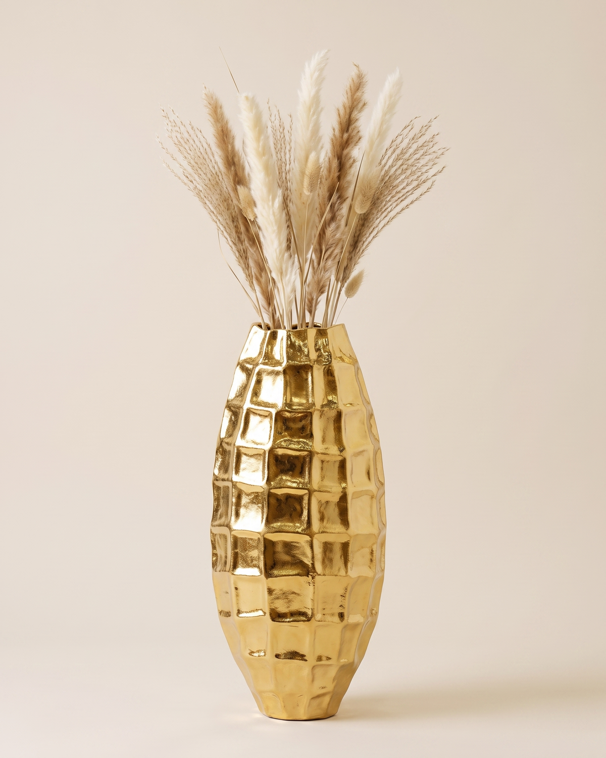 Origami Vase IV Medium - styled with dried pampas stems, ivory studio background