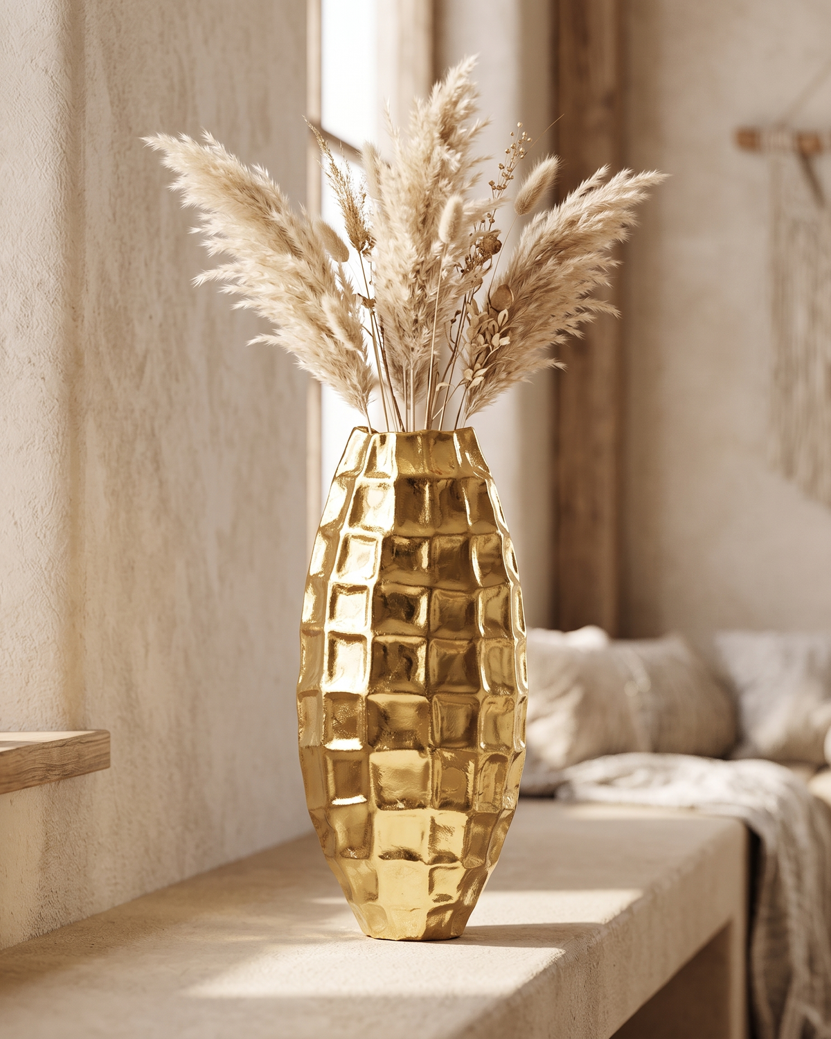 Origami Vase IV Medium - styled with dried pampas stems on a warm beige console in a cosy interior
